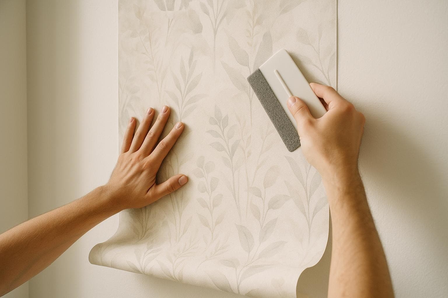 Smoothing a wallpaper panel onto the wall