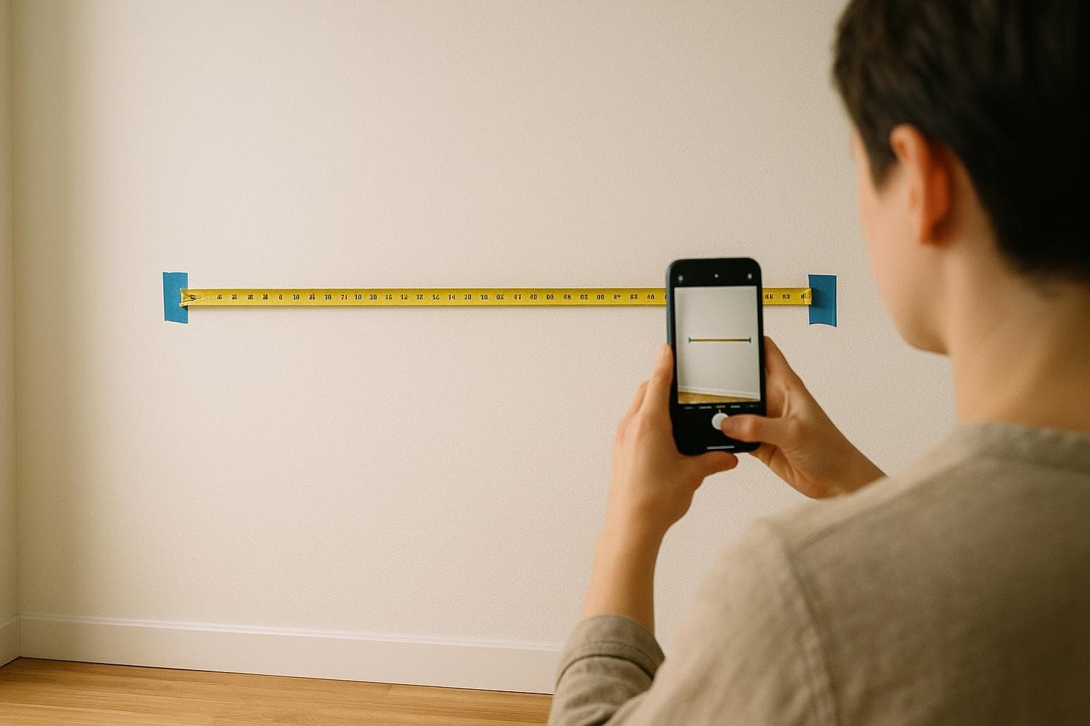 A phone photographing a tape measure held across a wall