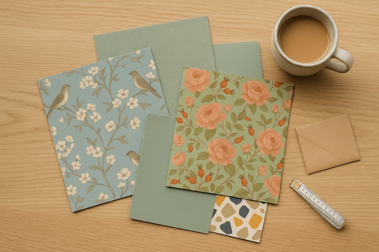 Four wallpaper samples on a table with a tape measure