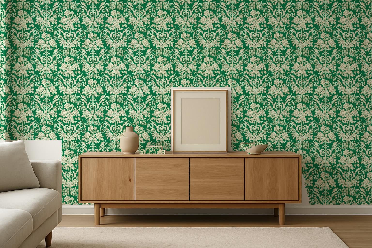Emerald Damask, 1900 on a living room wall